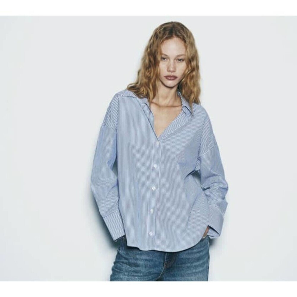 Zara women's top men's-inspired oversized shirt fine organic cotton blue/white